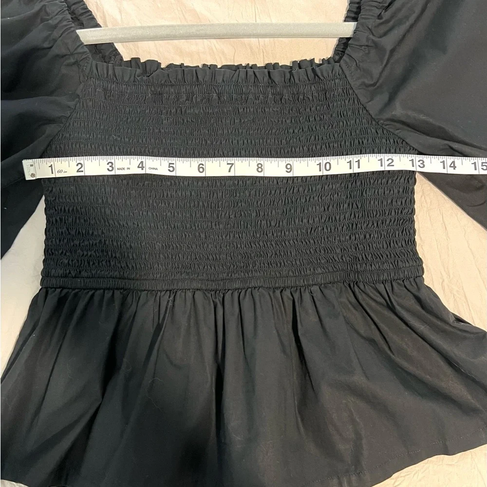 J. Crew Black Smocked Square-Neck Peplum Top Poplin Cotton SZ S EUC